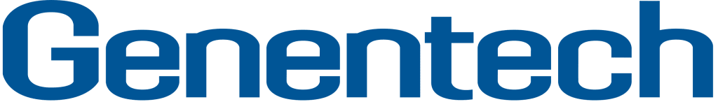 Genentech logo in blue text on a transparent background.